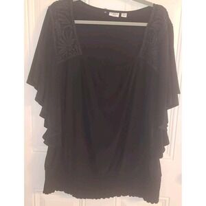 Cato Woman Top 22W/24W Black Batwing Sleeves Elastic Loose Crochet Detail Stretc